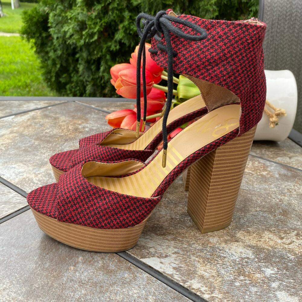 Dolce Vita Red and Black Houndstooth Lace-Up Platform Block Heels